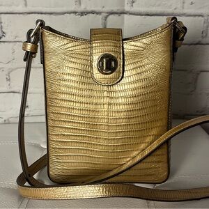 NWT Brahmin “Marley Beige All Over Lizard” Metallic Gold Leather Crossbody Bag